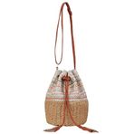 FUNSEED Etnik Stil İpli Ekleme Şerit Hasır Çanta Kadınlar için, Yaz Plaj Kova Çanta Püskül ile Crossbody, Kahverengi, Medium