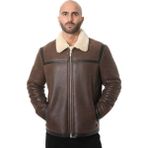 Furniq UK Erkek Koyu Kahverengi İçi Bej Kürklü Vintage Deri Ceket