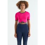 Fuşya Bel Bağlama Detaylı O Yaka Standart Kalıp Dalgıç Kumaş Kadın Crop T-Shirt - 97266