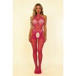 Fuşya File Vücut Çorabı Esnek Fantazi Bodysuit Tek Parça İç Giyim