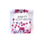 Fuşya Gümüş Kalp ve Yıldız Folyolu Happy Birthday Balon Doğum Günü Balonu Kombin Seti