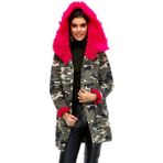 Fuşya Peluş Kapüşonlu Seçenekli Kadın Parka (KAMUFLAJ DESENLİ, 38 BEDEN)