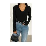 FV Parmak Geçmeli V Yaka Kadın Body, Siyah, XL