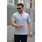 Fy Butik Erkek Fermuar Yakalı Çizgi Detaylı Kısa Kollu Tişört - Gri