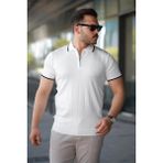 Fy Butik Erkek Fermuar Yakalı Çizgi Dokulu Kısa Kollu Tişört - Beyaz - 2XL
