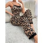 Fy Butik Kadın Ip Askılı Yakası Dantelli Bluz ve Pijama Sandy Ikili Takım - 2XL - 3XL - Leopar - Regular Fit