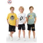 Fyk Kids 3'lü Yuvarlak Yaka Baskı Detaylı Erkek Çocuk 6 Parça Alt Üst Takım - 11 Yaş - Sarı - Beyaz