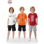 Fyk Kids 3'lü Yuvarlak Yaka Baskı Detaylı Erkek Çocuk 6 Parça Alt Üst Takım - Beyaz - Turuncu - Kırmızı - 11 Yaş