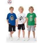 Fyk Kids 3'lü Yuvarlak Yaka Baskı Detaylı Erkek Çocuk 6 Parça Alt Üst Takım - Saks - Beyaz - Yeşil - 11 Yaş