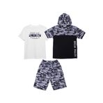 FYK KİDS Erkek Çocuk 3'lü Kamuflaj Desenli Kapri-Baskılı Tişört- Kamuflaj Desenli Sweatshirt Alt Üst Takım