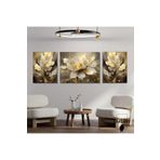 Gaagart 3Lü Kanvas Şık Salon Duvar Tablosu Gold Sarı Beyaz Çiçek Dizayn, 30 X 40