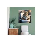 Gaagart Tekli Kare Kanvas Banyo Tablosu Gazete Okuyan Yeşil Gözlü Kedi, 50 X 50