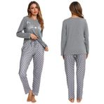 GAESHOW Sevimli baskılı kadın pamuklu pijama, bayanlar rahat uzun kollu hafif gecelik yumuşak pijamalar cepli salon takımları gri, gri, M