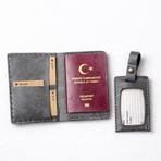 Gaga Hakiki Deri Pasaport Kılıfı & Valiz Etiketi Seti – El Yapımı Unisex Pasaport Cüzdan – 4 Kart Bölmeli, Bilet Cepli, Seyahat Organizeri, Dayanıklı Deri Pasaportluk - (Gri)