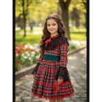 Gala Stil Gala Ekoseli Yakası Dantelli Çocuk Elbise - 3 - 4 Yaş - Kareli