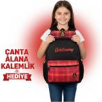 Galatasaray Lisanslı Ekose Kırmızı Okul Çantası Yanında Kalemlik Hediyeli