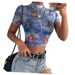 GALPADA 1 Bilgisayar Kızlar Için Şeffaf Bodycon Kısa Tişört Kırpılmış Tişört Örgü Perspektif Tişört Sokak Giyimi T-shirt Tişört Bluz Örgü Kadın Örgü Kısa Kollu Balıkçı Yaka Baskı Özlemek