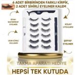 Gaman 3D Manyetik 12 Adet Takma Kirpik Seti 6 Farklı Çift - 2 Adet Mıknatıslı Likit Eyeliner Yapıştırıcı +Kirpik Cımbızı Hediye