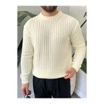 Gambocci Erkek Oversize Hafifi Bol Triko Kendinden Çizgili Bisiklet Yaka Örme Triko Kazak Beyaz XL