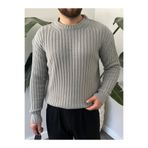 Gambocci Erkek Oversize Hafifi Bol Triko Kendinden Çizgili Bisiklet Yaka Örme Triko Kazak Gri L