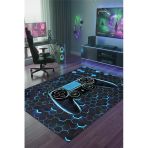 Gaming Konsol Desenli Yıkanabilir Kaymazoyun Odası Halısı Oyuncu Halısı 80 X 500 Cm Mavi
