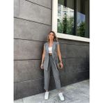 Gamze Alptekin Premium Boy Fit Kadın Pantolon Kolsuz Ceket Yelek Takımı Atlas Kumaş - 0-Gri