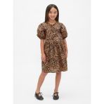 Gap Kız Çocuk Kahverengi Poplin Puff-Sleeve Leopar Desenli Elbise - M