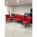 Garden House Pera Ofis Büro Bekleme Koltuk Takımı Kırmızı Renk Ahşap Ayak Kapitoneli