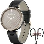 Garmin 010-02384-A1 Lily Classic Edition, Cream Gold Bezel İle Black Case & Italian Deri Band Watch Sche İle Deco Gear Manyetik Kablosuz Sport Earbuds