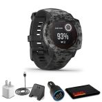 Garmin Instinct Solar Sportsman Edition Graphite Camo + Usb Car/Wall Adapt + Watch Şarj Stand + 6Ave Fiber Kumaş (010-02293-15)
