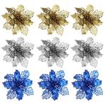 Garneck 9 parça Noel Ağacı Dekoratif İpek Çiçek Parıltılı Poinsettia Çalı Yapay Çiçekler Noel Ağacı Dekoru