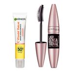 Garnier C Vitamini Parlak Günlük UV Korumalı SPF50 Işıltılı Doku 40 ml Yüz Güneş Kremi ve Maybelline New York Lash Sensational Yelpaze Etkili Intense Black Maskara