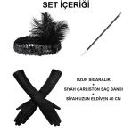 Gatsby Aksesuar Seti – Siyah Charleston Saç Bandı, Uzun Eldiven &Amp; Sigaralık