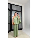 GAUS CO Yeşil Yarasa Kol Bluz Beli Lastikli Pantolon Saten Takım GAUS-01528