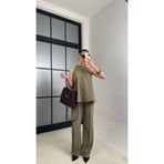 Gaus Haki Sıfır Kol Bluz Beli Lastikli Pantolon İkili Premium Takım GAUS-00984