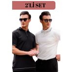 GAYIŞ 2'li Siyah-Beyaz Erkek Triko Örme Polo Yaka Şerit Detaylı T-Shirt, Erkek Siyah-Beyaz Tişört
