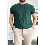 GAYIŞ Petrol Yeşili Erkek Bisiklet Yaka Örme Triko T-shirt, Haki Erkek Fitilli Tişört
