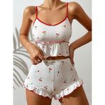 Gazaniga Kadın Beyaz Desenli Likralı Askılı Gecelik Pijama Şort Takımı Kiraz - 2XL - 3XL