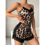 Gazaniga Kadın Leopar Desenli Dantelli Askılı Gecelik Pijama - Şort Takımı Fiona - Leopar - Kahve - 2XL - 3XL
