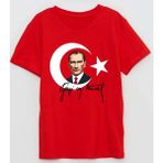 Gazi Mustafa Kemal Imzalı 29 Ekim Cumhuriyet Bayramı Baskılı Pamuklu Çocuk T-Shirt - Kırmızı - 12 Yaş