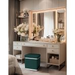 Gazzini Furniture Zengo Silver Twin Line Kare Puf Yeşil Kumaş Dekoratif Makyaj Masası Pufu - 45 x 45 cm
