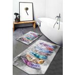 G&C HOME Dijital Baskılı Su Emici Etnik Tüy Desenli İkili Banyo Paspası (40/60cm -60x100cm)