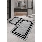 G&C HOME Dijital Baskılı Su Emici Gri Tonlu Şeritli İkili Banyo Paspası (40/60cm -60x100cm)