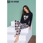 Gd Goldoremi 1959 Kadın Yuvarlak Yaka Kalpli Ekoseli Uzun Kollu Pijama Takım