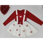 Geef Kids Kız Çocuk Kalpli Uzun Kollu - Askılı Etek Takım - Kırmızı - 5 - 6 Yaş