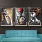 Geleneksel Kıyafetli Afrikalı Kadın Pastel Temalı Aynalı Çerçeveli 3 lü Kanvas Tablo Seti 150x70 cm SETS0036