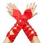 Gelinler için Zarif Dantel İşlemeli Düğün Eldivenleri - İnci Detaylı Elastik Parmaksız Eldiven, Gelin Partisi için Orta Boy Resmi Aksesuar, kırmızı (Light Red), 33cm