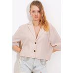 gelirr Krem Çift Düğmeli Oversize Crop Keten Ceket 0706