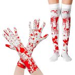 GELXGRIT Cadılar Bayramı kanlı eldiven yüksek çorap seti diz çorap tam parmak uzun eldiven cadılar bayramı kostüm aksesuarları kanlı eldiven çorap Cosplay cadılar bayramı partisi için, Beyaz, M