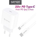 Genax iPhone 15 Plus / 16 Plus / 17 Plus – Samsung S24 Ultra / S25 / S26 Plus Uyumlu 25W Pd Type-C Hızlı Şarj Aleti - Beyaz
